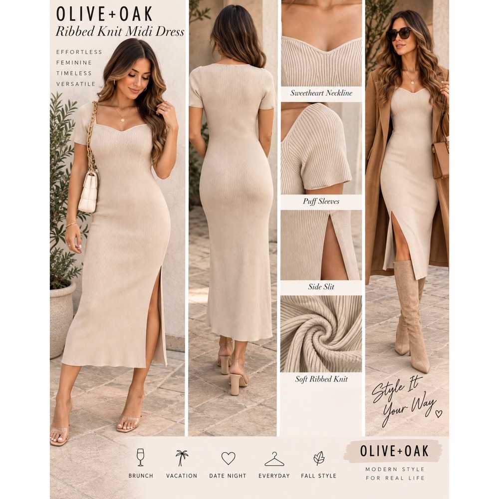 Olive + Oak Womens Ribbed Knit Midi Dress Beige Short Sleeve Sweetheart Neck S